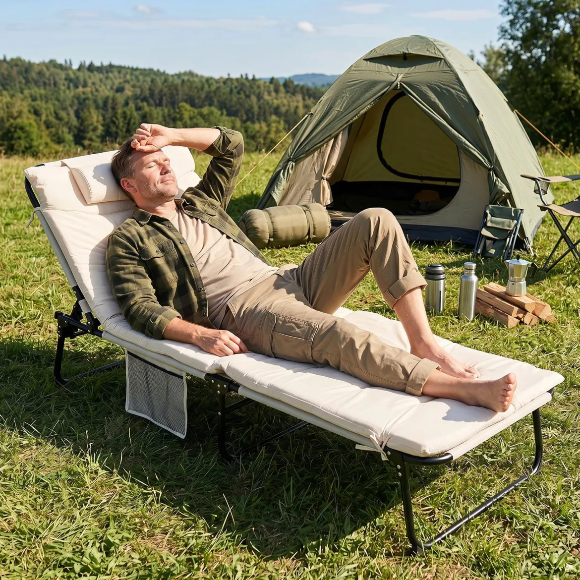 Sonnenliege Faltbare Liegestuhl mit Abnehmbare Matratze 4-fach Verstellbare Rückenlehne & Metallrahmen Beige