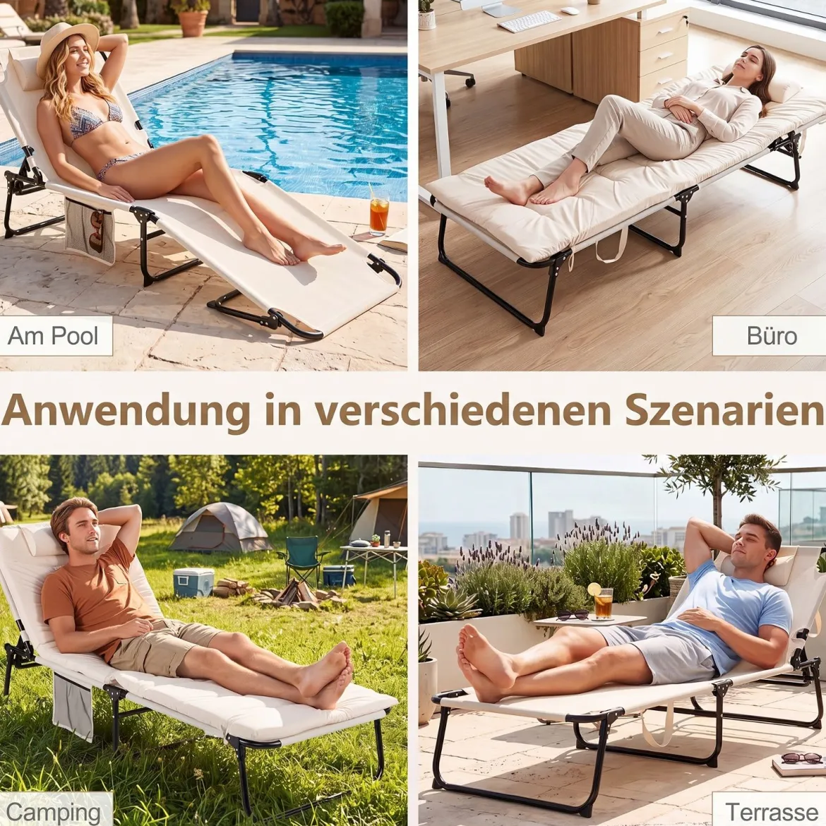 Sonnenliege Faltbare Liegestuhl mit Abnehmbare Matratze 4-fach Verstellbare Rückenlehne & Metallrahmen Beige