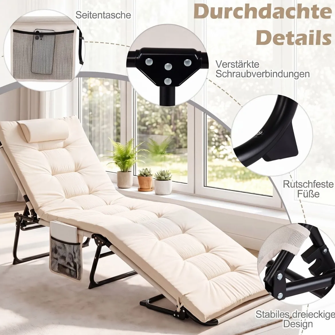 Sonnenliege Faltbare Liegestuhl mit Abnehmbare Matratze 4-fach Verstellbare Rückenlehne & Metallrahmen Beige