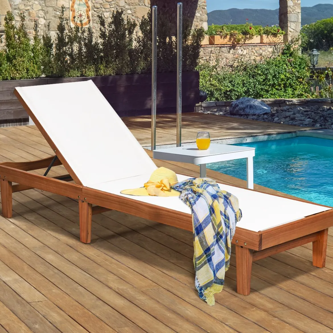 Sonnenliege Gartenliege aus Holz Terrassenliege mit verstellbarer Lehne 200 x 61 x 31,5 cm Natur + Weiß