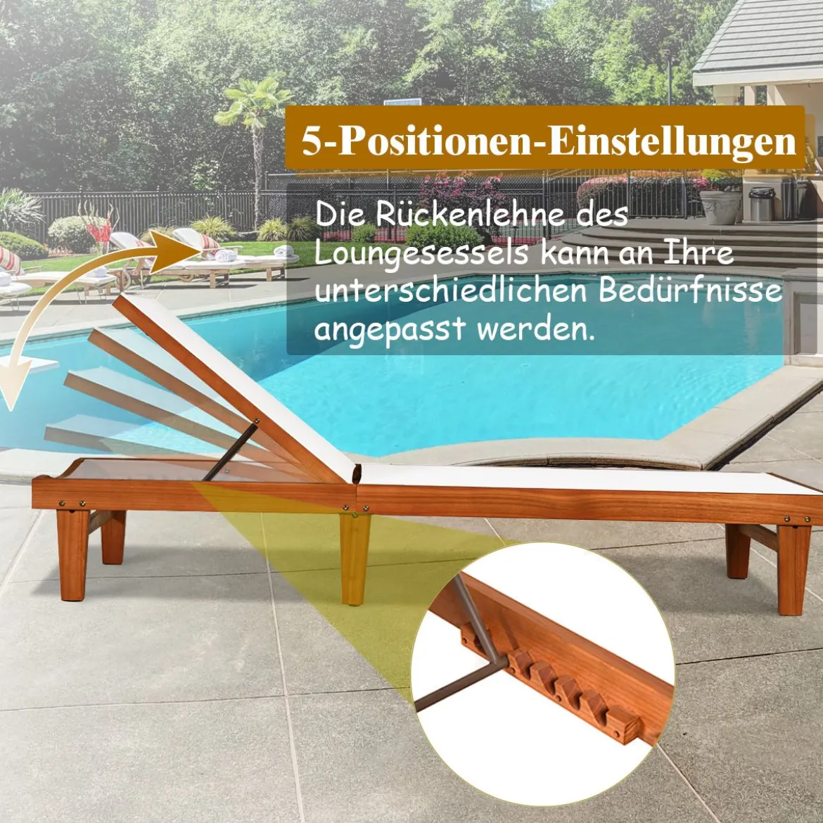 Sonnenliege Gartenliege aus Holz Terrassenliege mit verstellbarer Lehne 200 x 61 x 31,5 cm Natur + Weiß