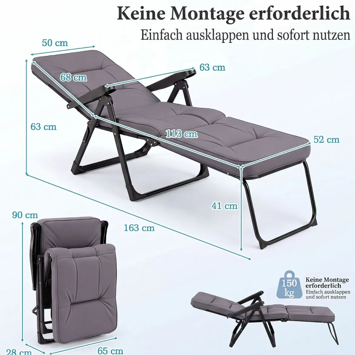 Sonnenliege Gartenliege Klappbar mit Dickem Sitzkissen Verstellbarer Rückenlehne & Armlehnen Grau