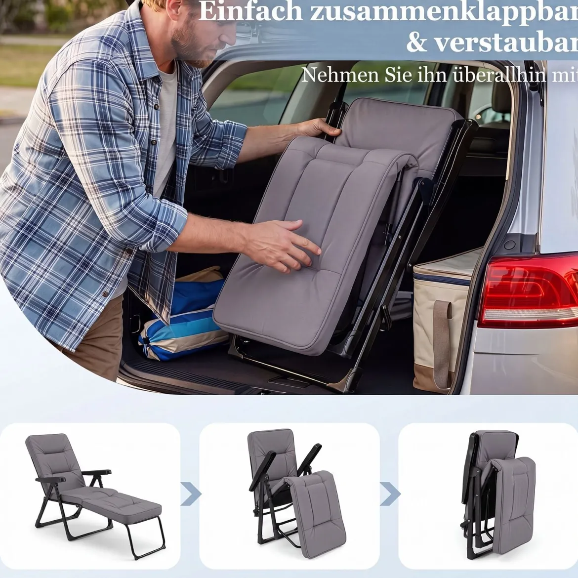 Sonnenliege Gartenliege Klappbar mit Dickem Sitzkissen Verstellbarer Rückenlehne & Armlehnen Grau
