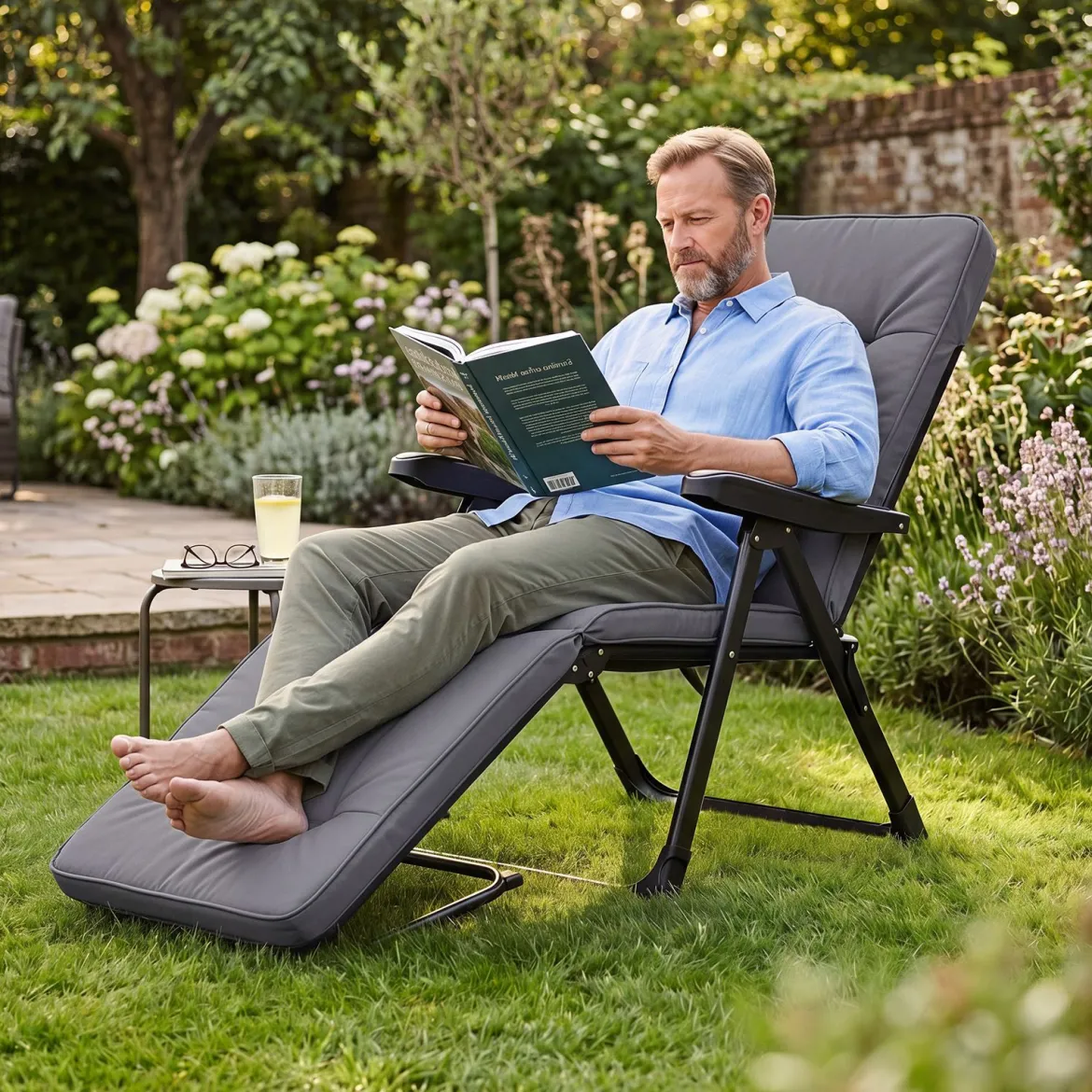 Sonnenliege Gartenliege Klappbar mit Dickem Sitzkissen Verstellbarer Rückenlehne & Armlehnen Grau