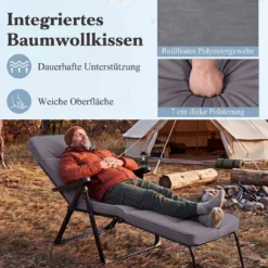 Sonnenliege Gartenliege Klappbar mit Dickem Sitzkissen Verstellbarer Rückenlehne & Armlehnen Grau