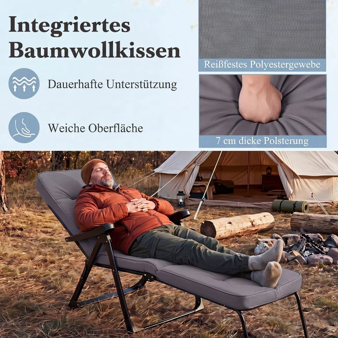 Sonnenliege Gartenliege Klappbar mit Dickem Sitzkissen Verstellbarer Rückenlehne & Armlehnen Grau