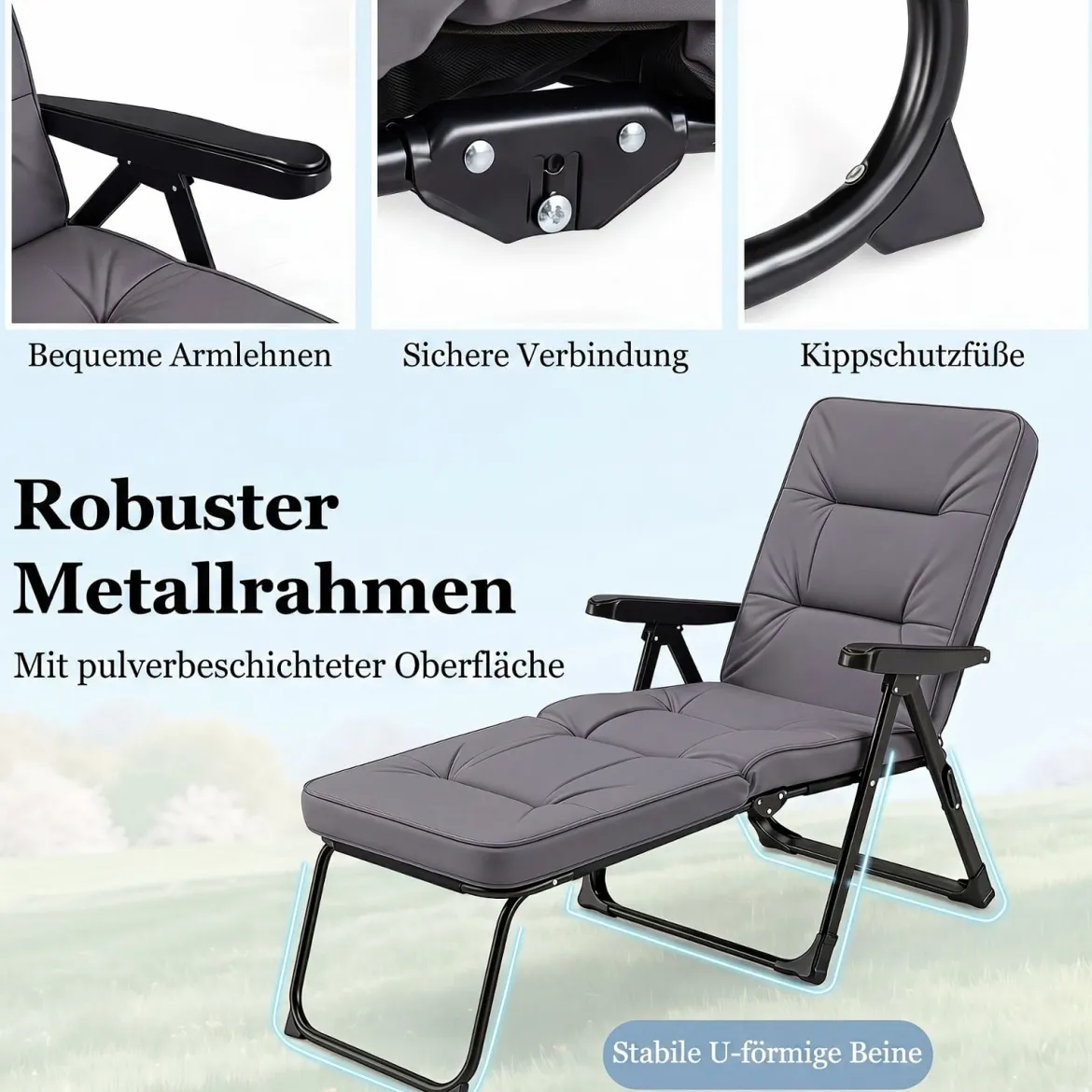 Sonnenliege Gartenliege Klappbar mit Dickem Sitzkissen Verstellbarer Rückenlehne & Armlehnen Grau