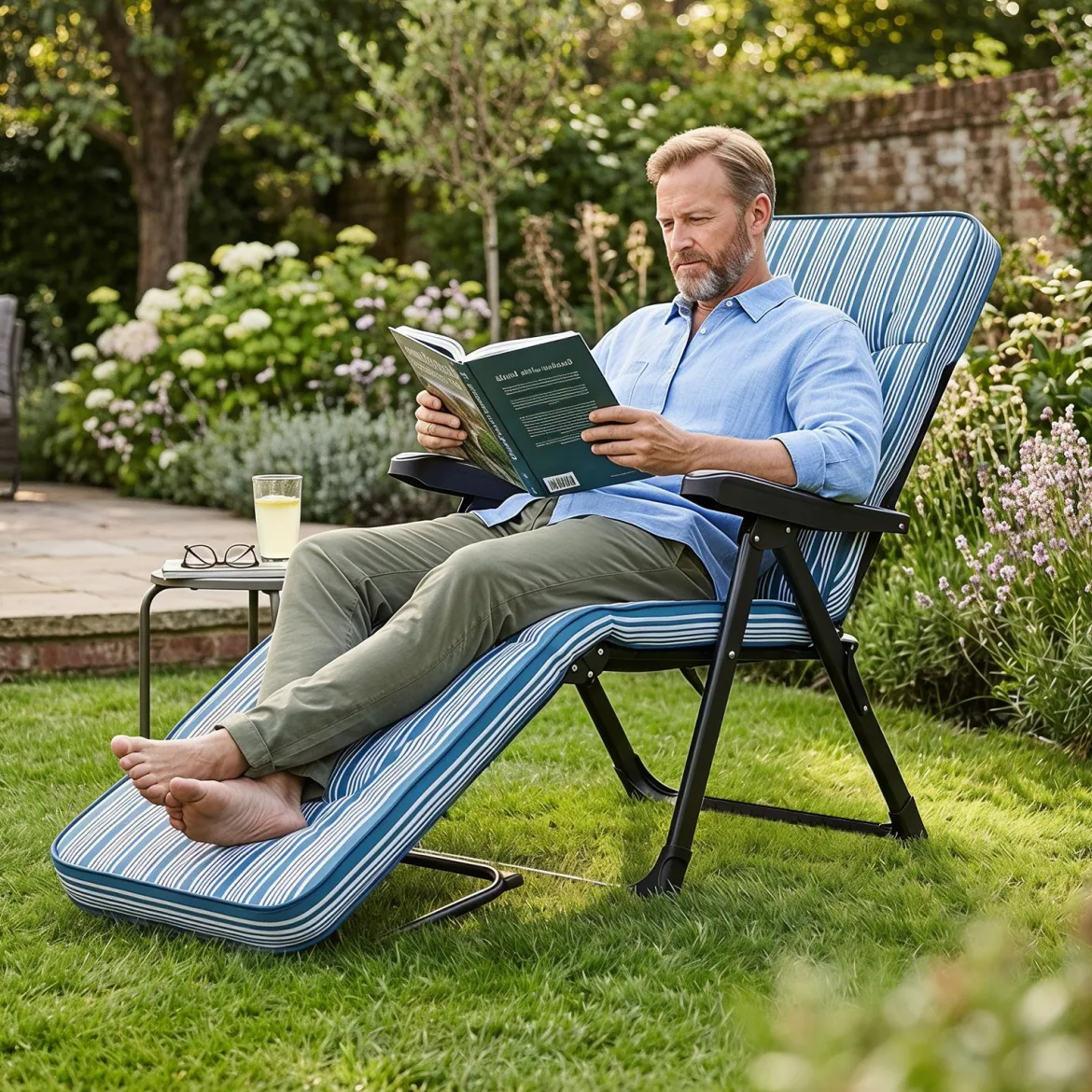 Sonnenliege Gartenliege Klappbar mit Dickem Sitzkissen Verstellbarer Rückenlehne & Armlehnen Blau
