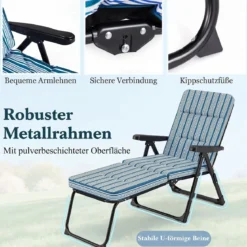 Sonnenliege Gartenliege Klappbar mit Dickem Sitzkissen Verstellbarer Rückenlehne & Armlehnen Blau