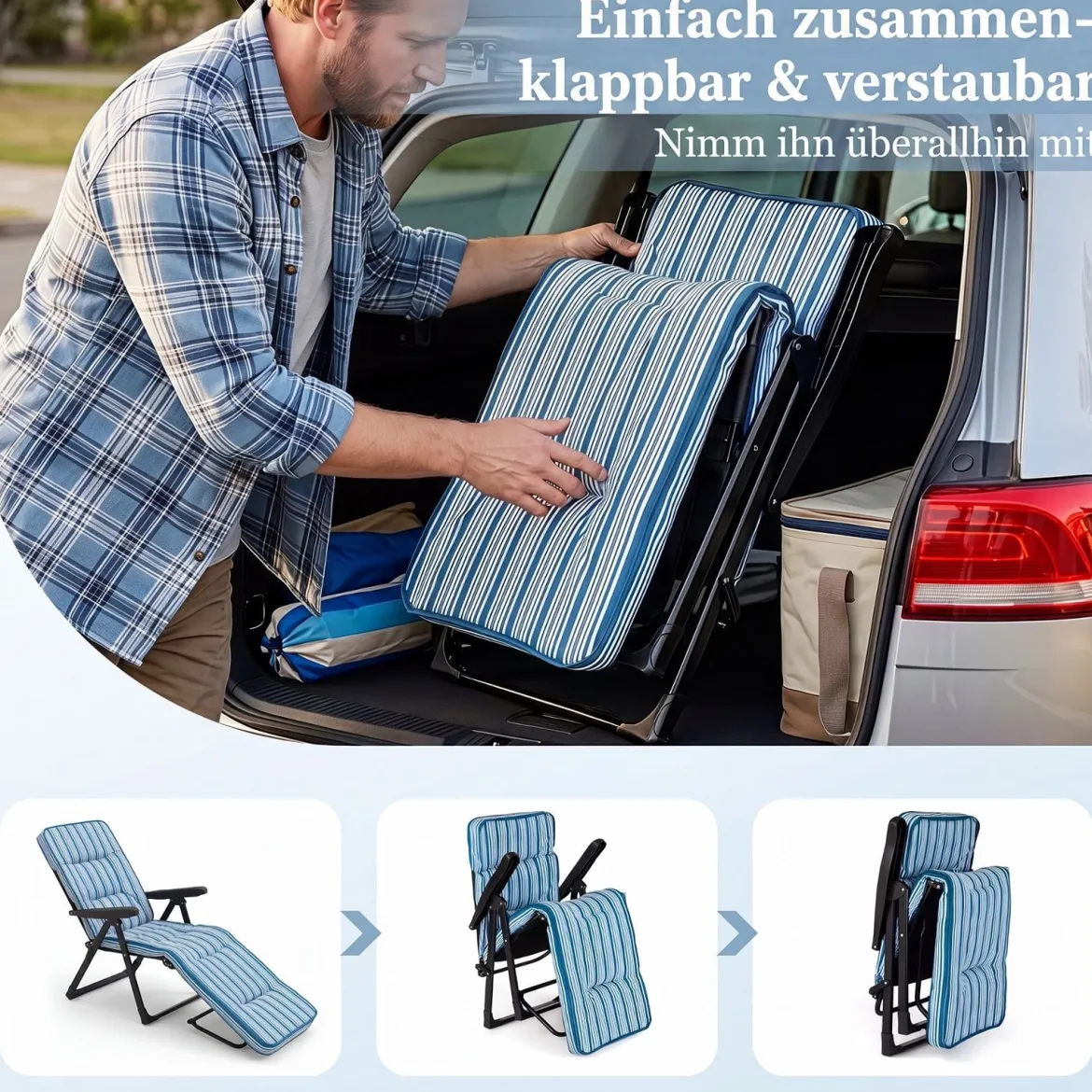 Sonnenliege Gartenliege Klappbar mit Dickem Sitzkissen Verstellbarer Rückenlehne & Armlehnen Blau