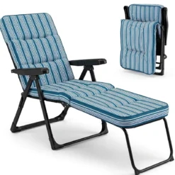 Sonnenliege Gartenliege Klappbar mit Dickem Sitzkissen Verstellbarer Rückenlehne & Armlehnen Blau