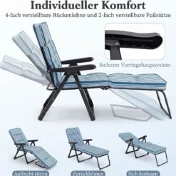 Sonnenliege Gartenliege Klappbar mit Dickem Sitzkissen Verstellbarer Rückenlehne & Armlehnen Blau