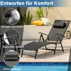 Sonnenliege Gartenliege mit Kopfstütze 7 Verstellbaren Rückenlehnen Schwarz
