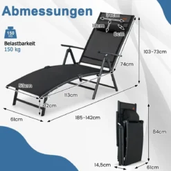 Sonnenliege Gartenliege mit Kopfstütze 7 Verstellbaren Rückenlehnen Schwarz