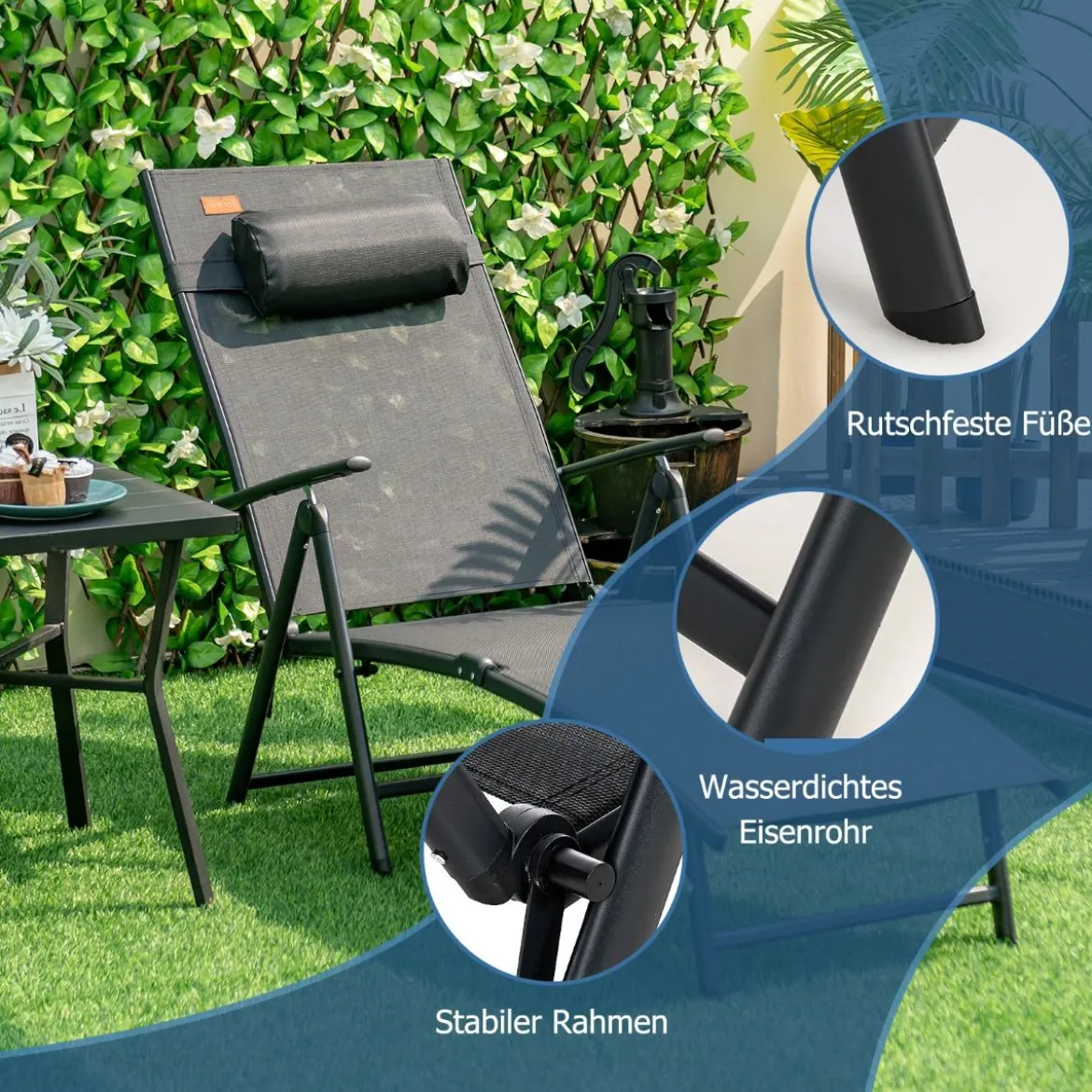 Sonnenliege Gartenliege mit Kopfstütze 7 Verstellbaren Rückenlehnen Schwarz