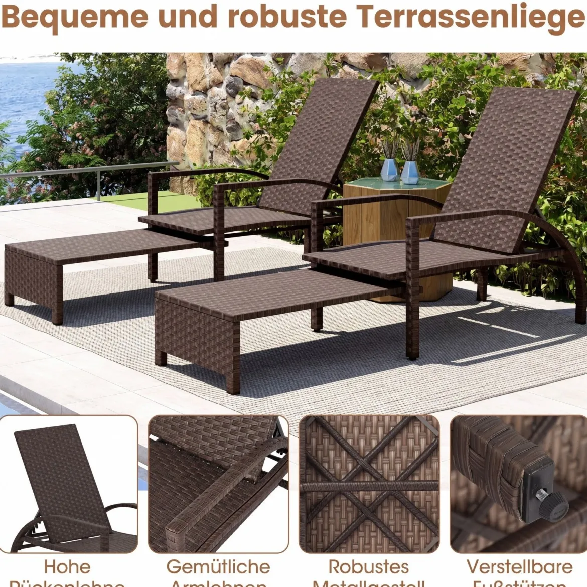 Sonnenliege Gartenliege mit 6-Fach Verstellbarer Rückenlehne & Ausziehbarer Fußstütze