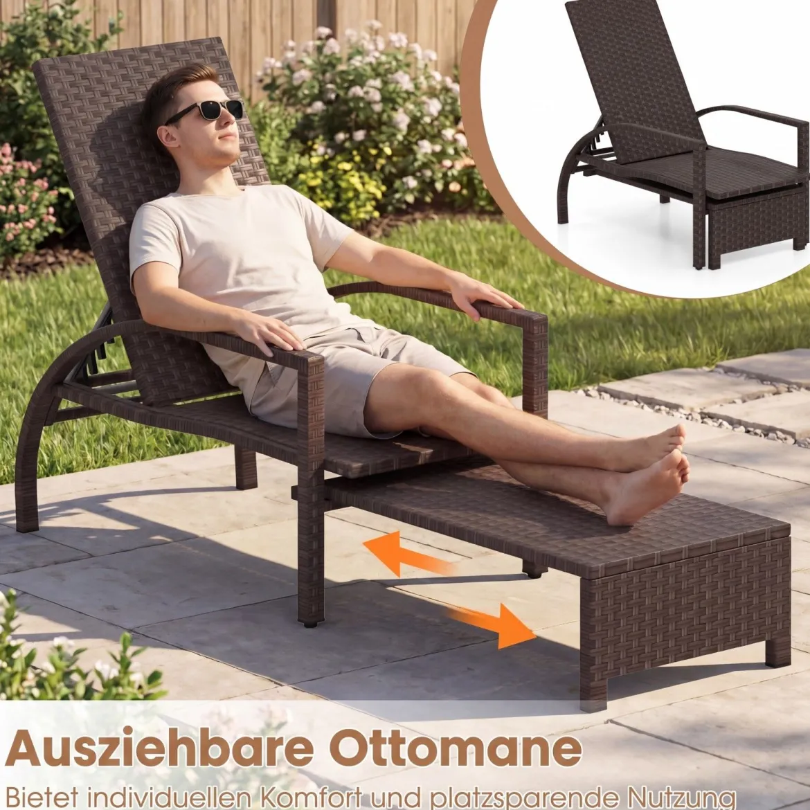 Sonnenliege Gartenliege mit 6-Fach Verstellbarer Rückenlehne & Ausziehbarer Fußstütze