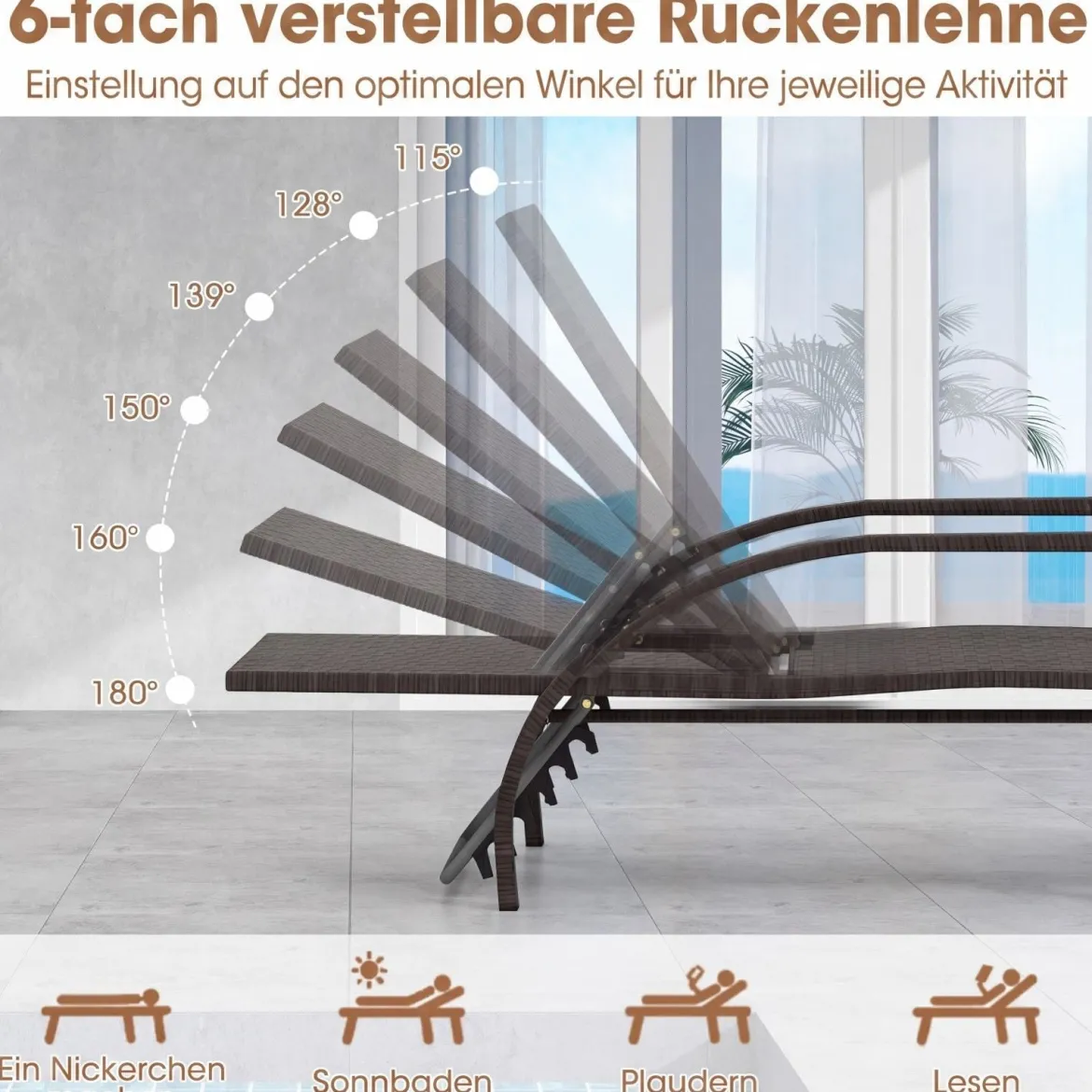 Sonnenliege Gartenliege mit 6-Fach Verstellbarer Rückenlehne & Ausziehbarer Fußstütze