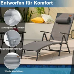 Sonnenliege Gartenliege mit Kopfstütze 7 Verstellbaren Rückenlehnen Grau