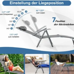 Sonnenliege Gartenliege mit Kopfstütze 7 Verstellbaren Rückenlehnen Grau