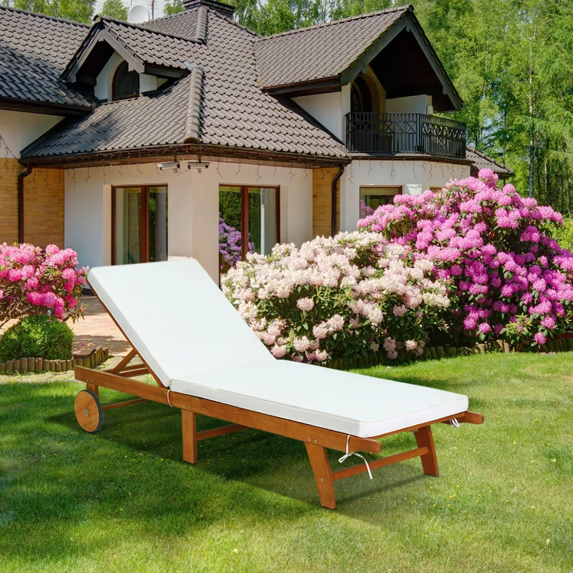 Sonnenliege Holz Gartenliege mit verstellbarer Rückenlehne mit Rollen und Kissen Strandliege für den Garten