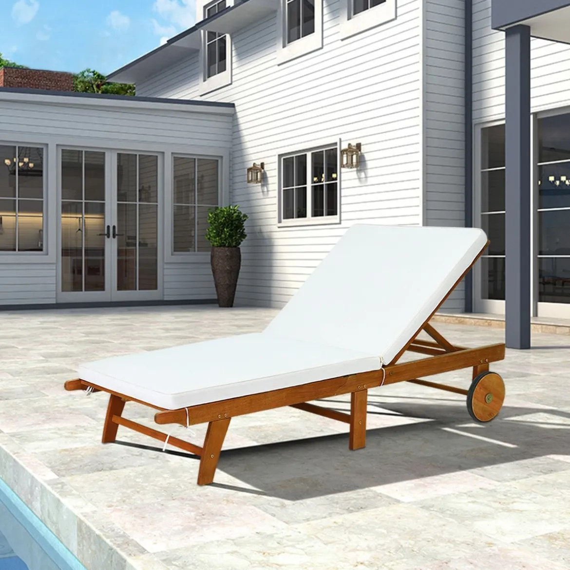 Sonnenliege Holz Gartenliege mit verstellbarer Rückenlehne mit Rollen und Kissen Strandliege für den Garten