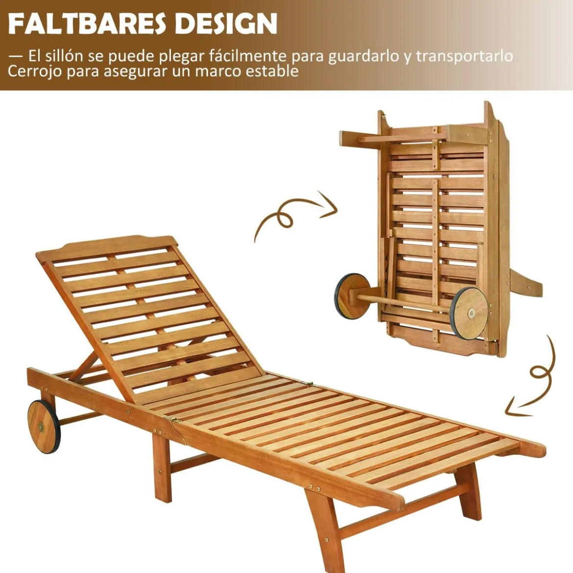 Sonnenliege Holz Gartenliege mit verstellbarer Rückenlehne mit Rollen und Kissen Strandliege für den Garten