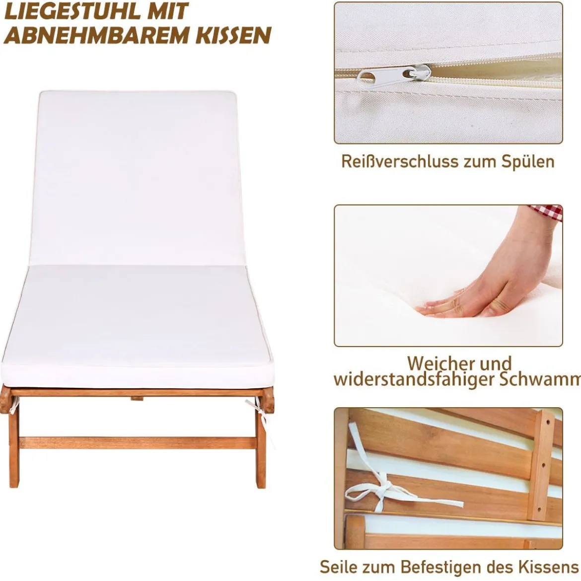 Sonnenliege Holz Gartenliege mit verstellbarer Rückenlehne mit Rollen und Kissen Strandliege für den Garten