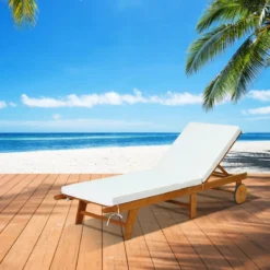 Sonnenliege Holz Gartenliege mit verstellbarer Rückenlehne mit Rollen und Kissen Strandliege für den Garten