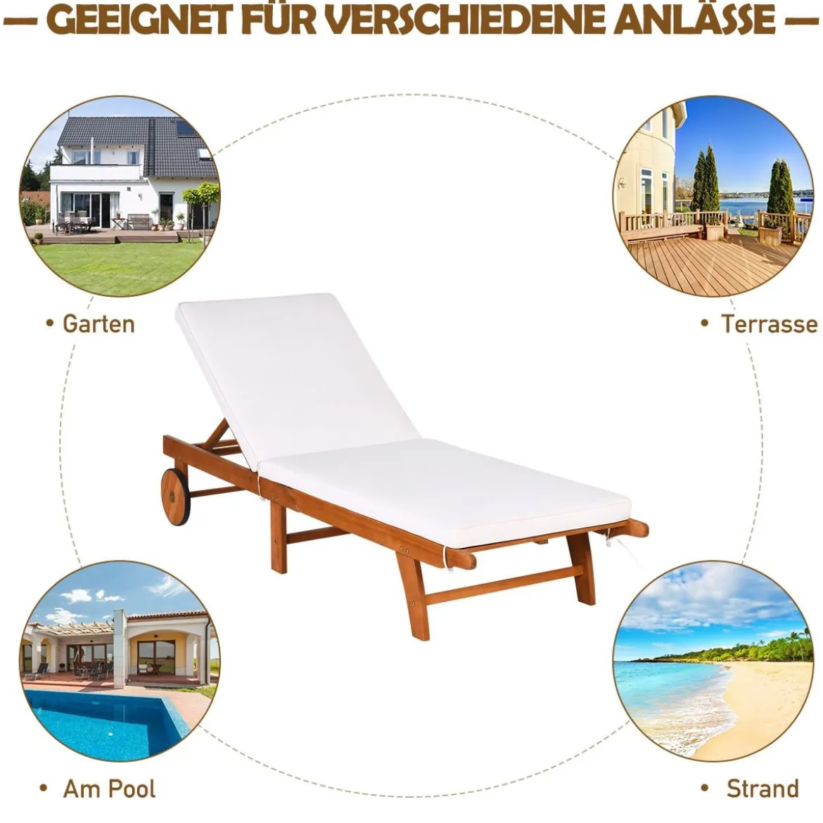 Sonnenliege Holz Gartenliege mit verstellbarer Rückenlehne mit Rollen und Kissen Strandliege für den Garten
