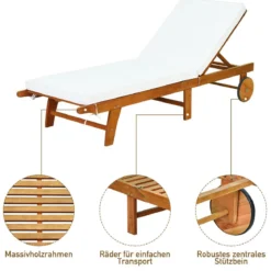 Sonnenliege Holz Gartenliege mit verstellbarer Rückenlehne mit Rollen und Kissen Strandliege für den Garten