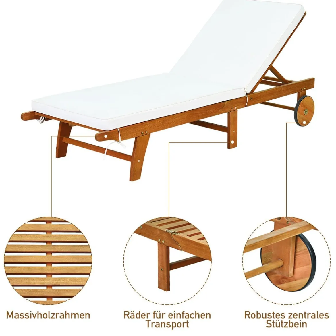 Sonnenliege Holz Gartenliege mit verstellbarer Rückenlehne mit Rollen und Kissen Strandliege für den Garten