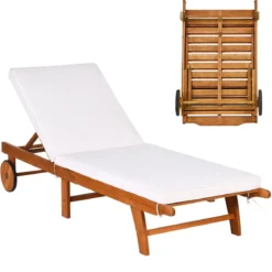 Sonnenliege Holz Gartenliege mit verstellbarer Rückenlehne mit Rollen und Kissen Strandliege für den Garten
