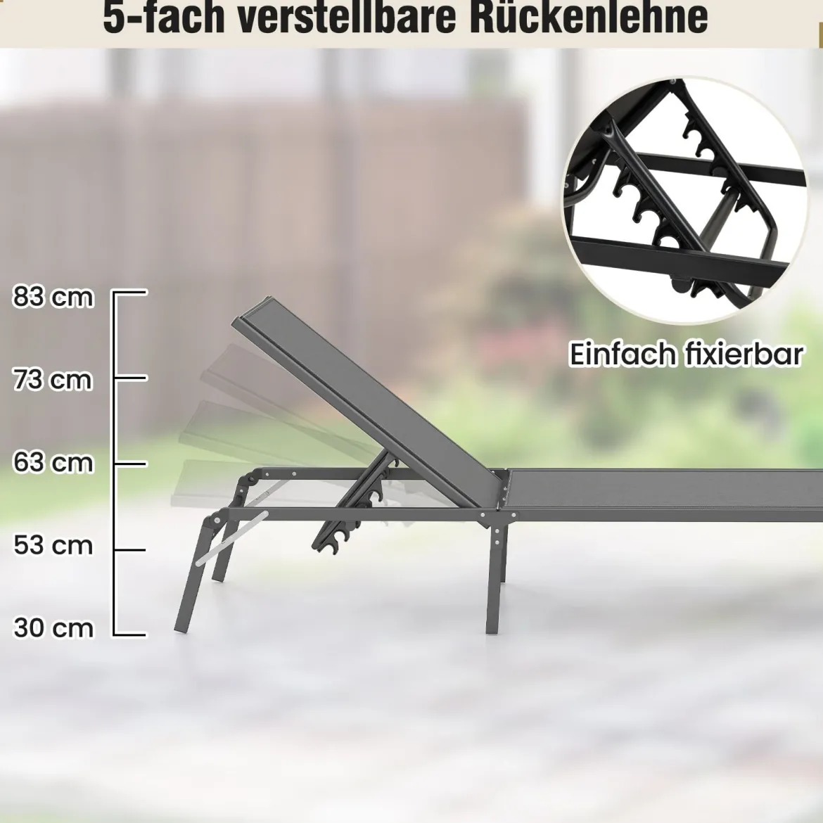 Sonnenliege klappbar Gartenliege mit 5 verstellbaren Rückenlehnen Klappliege bis 160 kg belastbar Grau