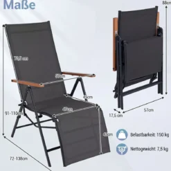 Sonnenliege Klappbar Liegestuhl mit Verstellbarer Rückenlehne bis 150 kg Belastbar Schwarz/Grau