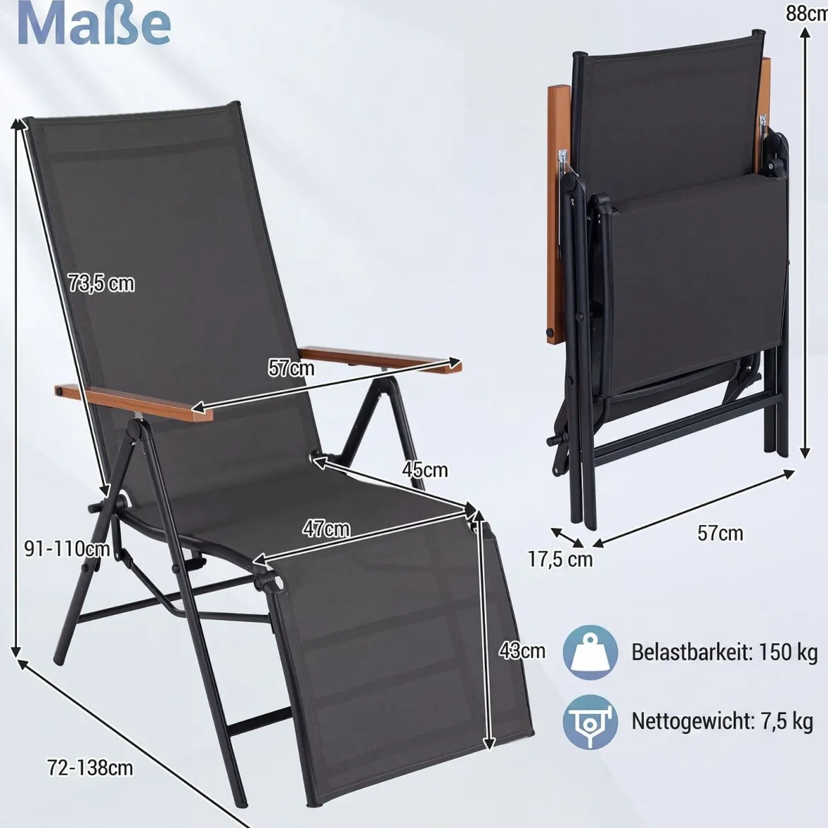 Sonnenliege Klappbar Liegestuhl mit Verstellbarer Rückenlehne bis 150 kg Belastbar Schwarz/Grau