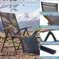 Sonnenliege Klappbar Liegestuhl mit Verstellbarer Rückenlehne bis 150 kg Belastbar Schwarz/Grau
