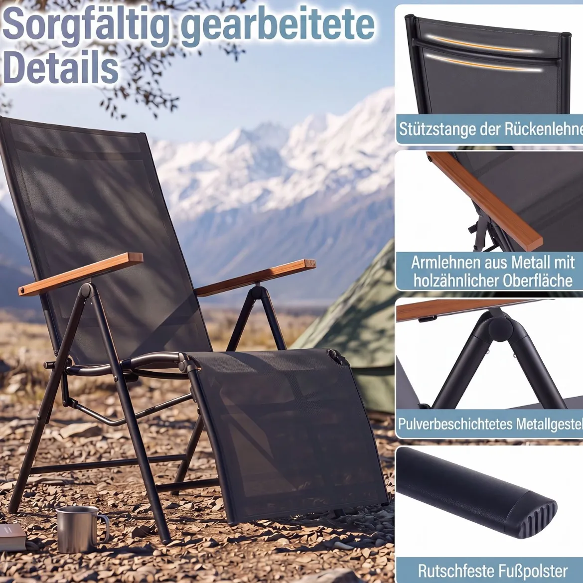 Sonnenliege Klappbar Liegestuhl mit Verstellbarer Rückenlehne bis 150 kg Belastbar Schwarz/Grau