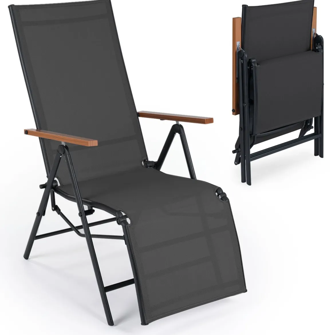 Sonnenliege Klappbar Liegestuhl mit Verstellbarer Rückenlehne bis 150 kg Belastbar Schwarz/Grau