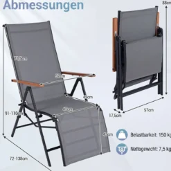 Sonnenliege Klappbar Liegestuhl mit Verstellbarer Rückenlehne bis 150 kg Belastbar Schwarz/Grau