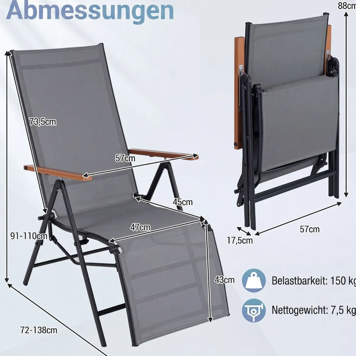 Sonnenliege Klappbar Liegestuhl mit Verstellbarer Rückenlehne bis 150 kg Belastbar Schwarz/Grau