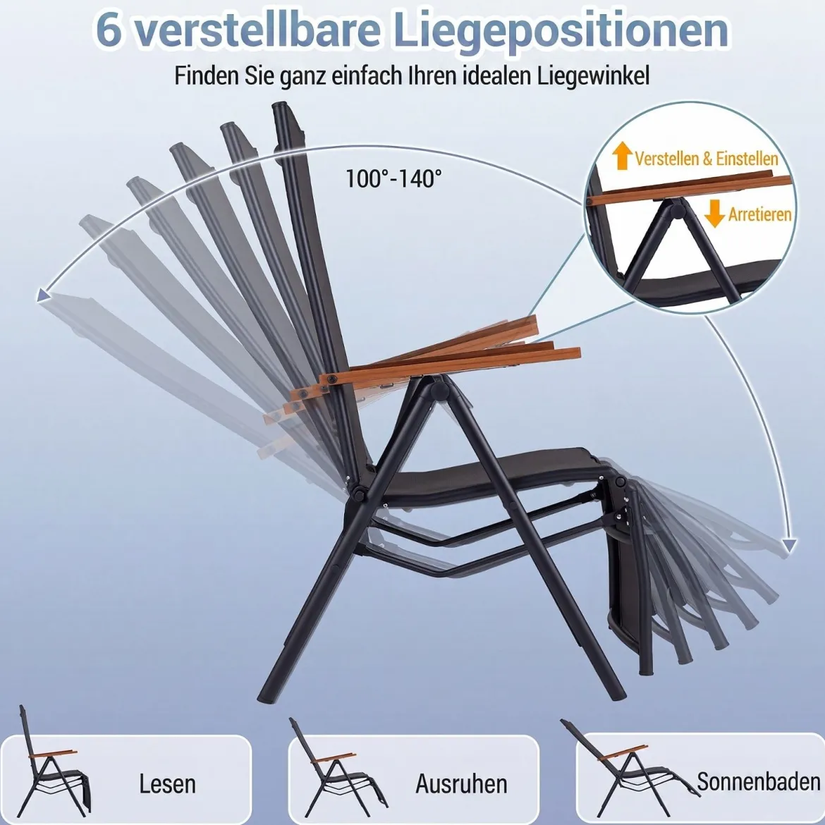 Sonnenliege Klappbar Liegestuhl mit Verstellbarer Rückenlehne bis 150 kg Belastbar Schwarz/Grau