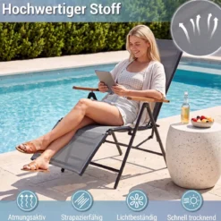 Sonnenliege Klappbar Liegestuhl mit Verstellbarer Rückenlehne bis 150 kg Belastbar Schwarz/Grau