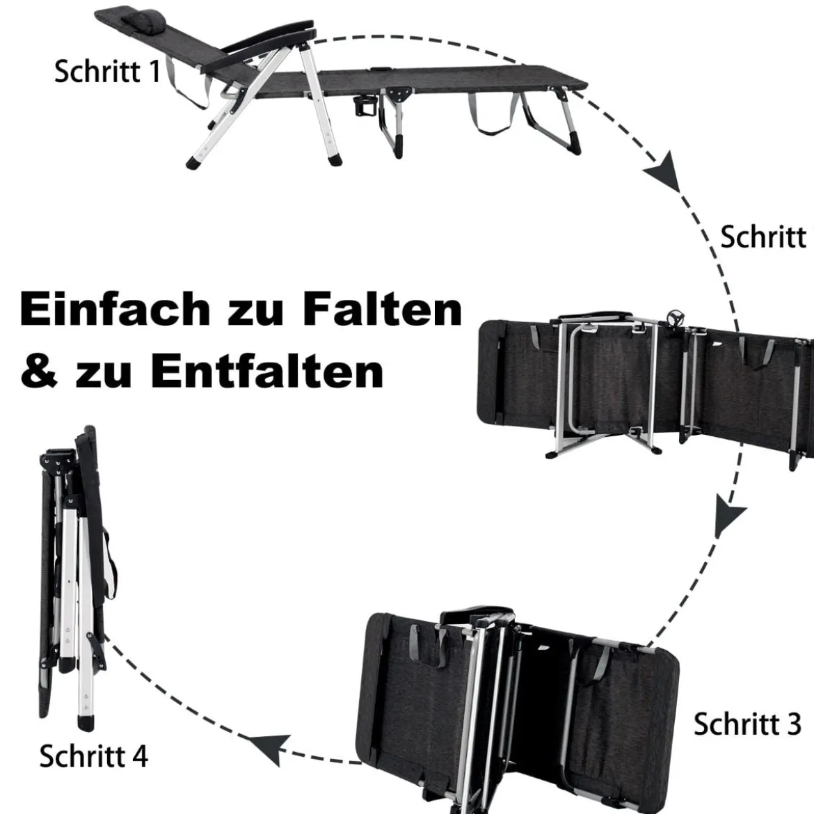 Sonnenliege klappbar Liegestuhl Gartenstuhl 134-190 x 71 x 61,5-95 cm Schwarz
