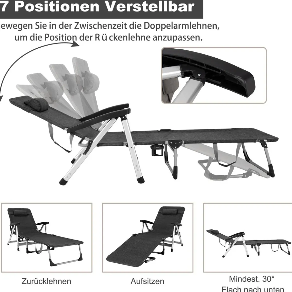 Sonnenliege klappbar Liegestuhl Gartenstuhl 134-190 x 71 x 61,5-95 cm Schwarz