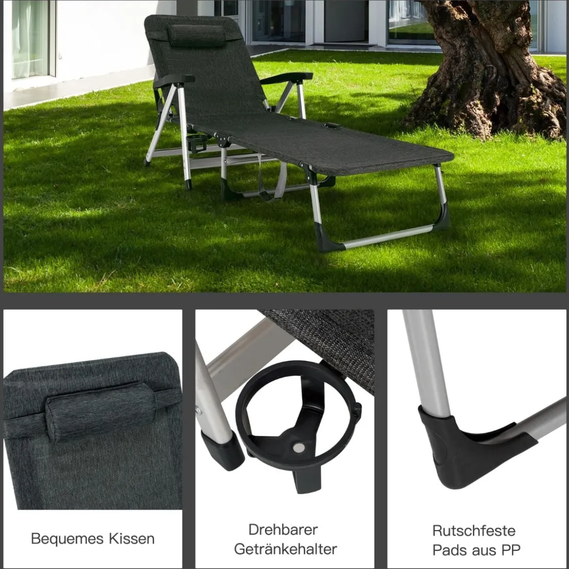 Sonnenliege klappbar Liegestuhl Gartenstuhl 134-190 x 71 x 61,5-95 cm Schwarz