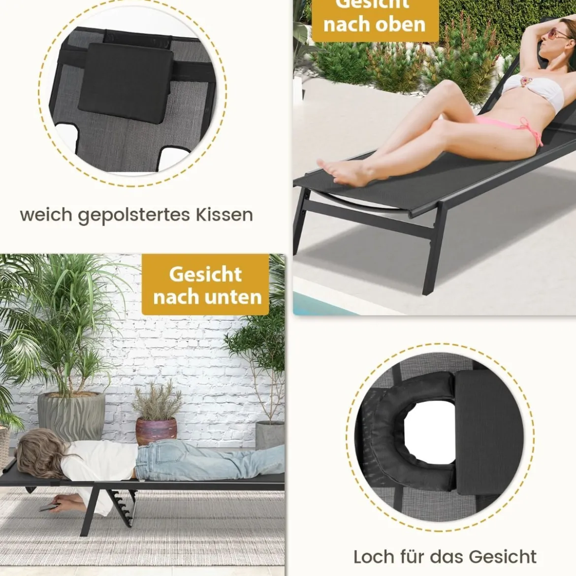 Sonnenliege mit Gesichtsöffnung Gartenliege mit 5-Fach Verstellbarer Rückenlehne Schwarz