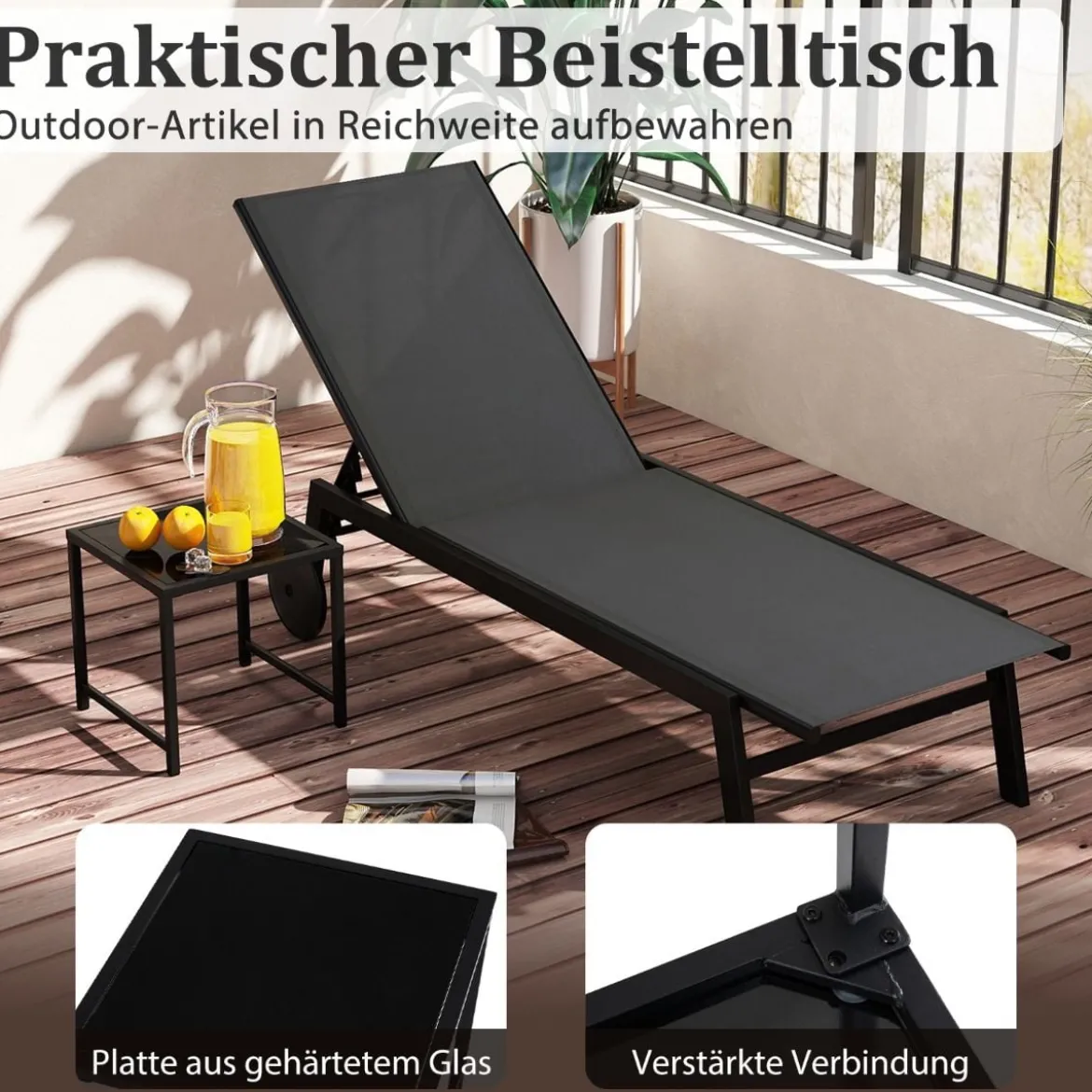 Sonnenliege mit Rollen & Beistelltisch Gartenliege mit Verstellbarer Rückenlehne Grau
