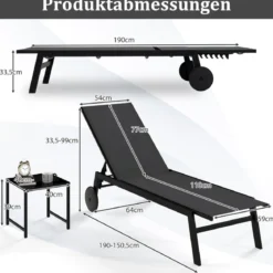 Sonnenliege mit Rollen & Beistelltisch Gartenliege mit Verstellbarer Rückenlehne Grau