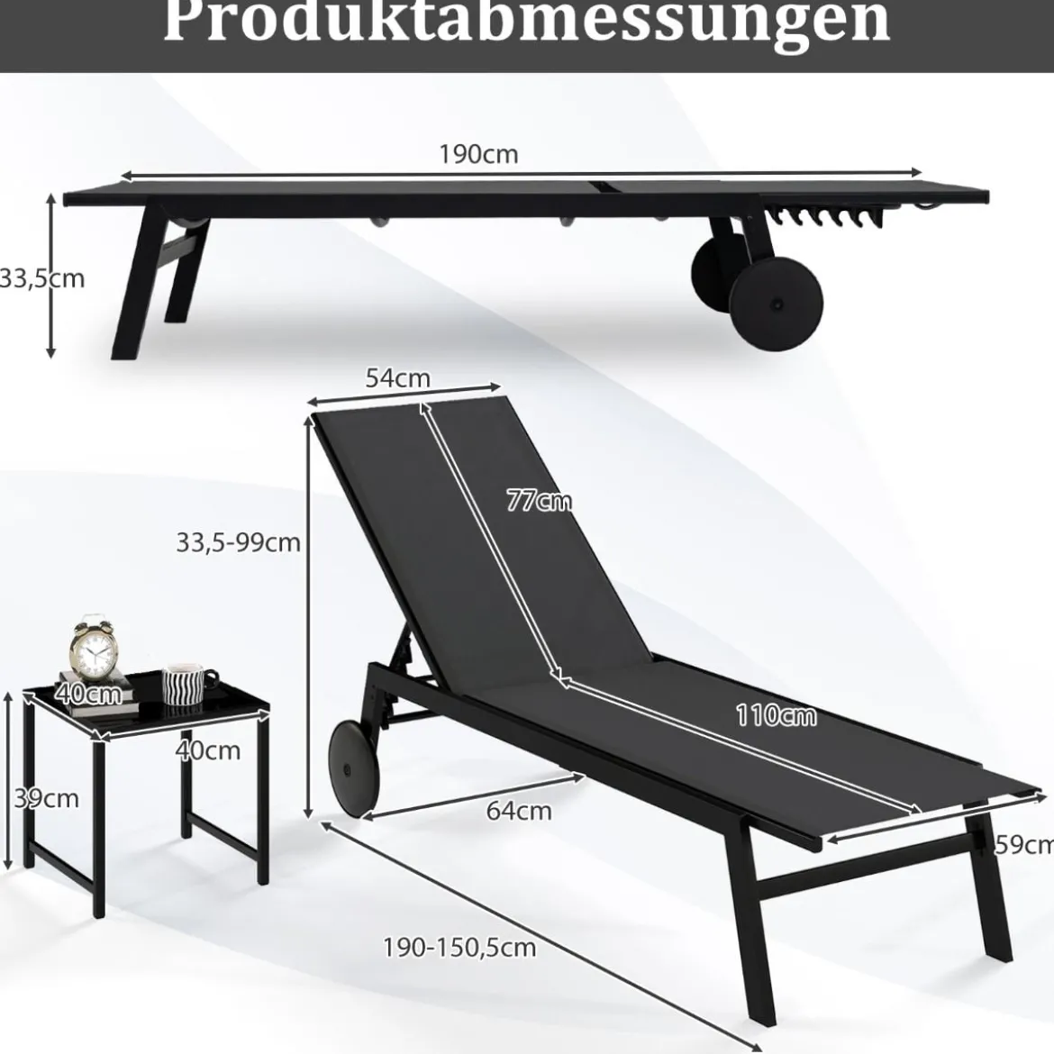 Sonnenliege mit Rollen & Beistelltisch Gartenliege mit Verstellbarer Rückenlehne Grau